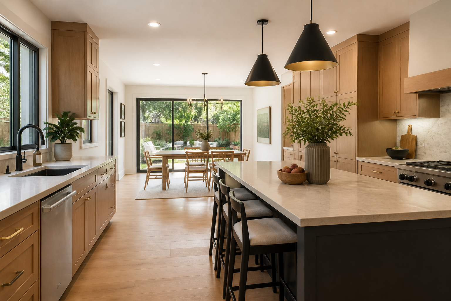 Completed warm wood kitchen renovation